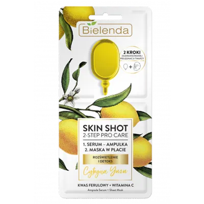 Bielenda Skin Shot 2 Step Pro Care,  Maska w płacie + ampułka `Cytryna Yuzu rozświetlenie i detoks`