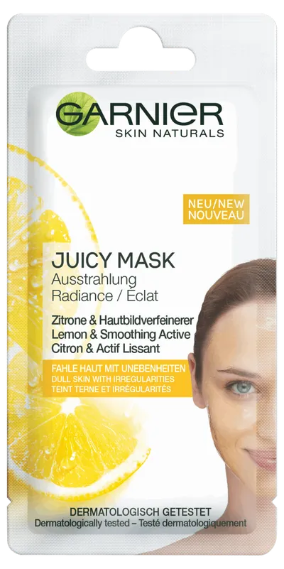 Garnier Skin Active, Radiance, Juicy Mask (Dodająca blasku maseczka z ekstraktem z cytryny do skóry matowej z nieregularnościami)