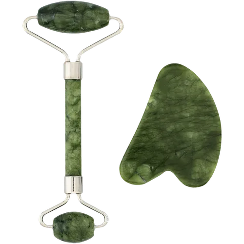 Hebe Professional, Green Serpentine Massage Roller Set (Zestaw: kamień serpentynowy gua sha do masażu twarzy + serpentynowy roller do masażu twarzy) - 1