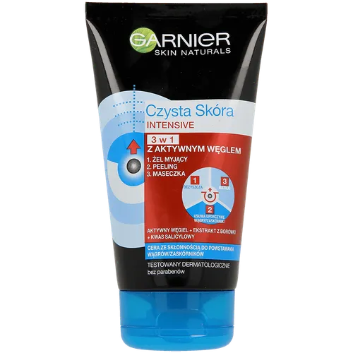 Garnier Czysta Skóra Intensive, Żel myjący + peeling + maseczka 3 w 1 z aktywnym węglem
