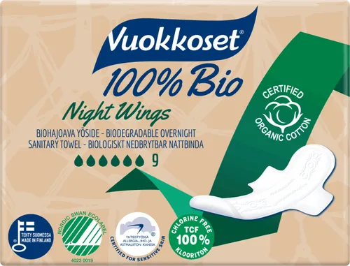 Vuokkoset 100% Bio Night Wings (Biodegradowalne podpaski ze skrzydełkami na noc)