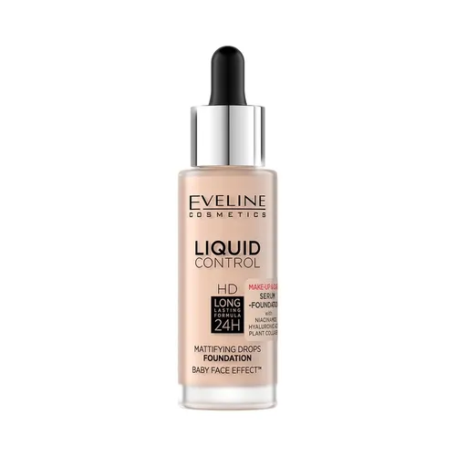 Eveline Cosmetics Liquid Control HD, Mattifying Drops Foundation Make-Up & Care Serum-Foundation with Niacinamide, Hyaluronic Acid & Plant Collagen (Długotrwały podkład z niacynamidem)