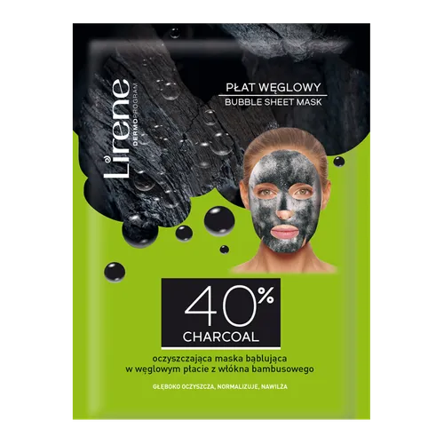 Lirene Dermoprogram 40% Charcoal, Oczyszczająca maska bąblująca w węglowym płacie z włókna bambusowego
