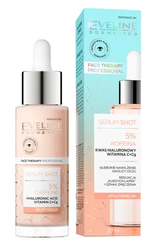 Eveline Cosmetics Face Therapy Professional, Serum Shot, Serum na opuchnięcia z 5% kofeiną, kwasem hialuronowym i witaminą C+Cg