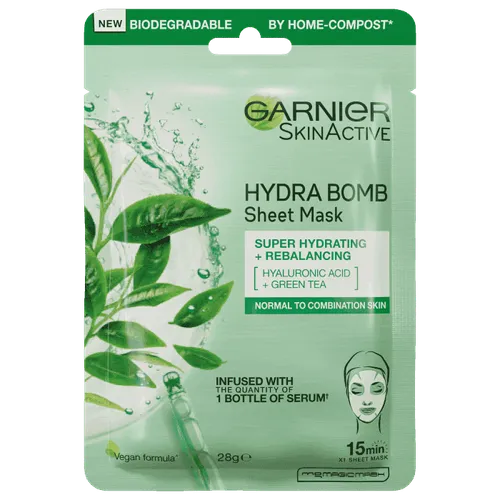 Garnier Hydra Bomb, Sheet Mask Super Hydrating + Rebalancing Hyaluronic Acid + Extract of Green Tea (Nawilżająca maska na tkaninie)