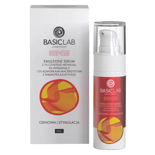 BasicLab Dermocosmetics Esteticus, Emulsyjne serum z 1% czystego retinolu, 5% witaminą C i 2% komórkami macierzystymi z wąkrotki azjatyckiej `Odnowa i stymulacja`