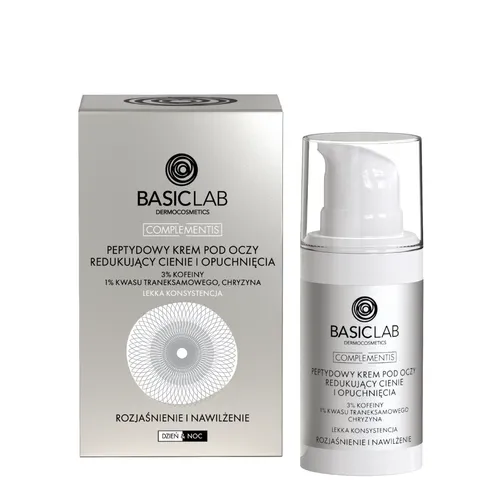 BasicLab Dermocosmetics Complementis, Peptydowy krem pod oczy redukujący cienie i opuchnięcia z 3% kofeiny, 1% kwasu traneksamowego i chryzyną o lekkiej konsystencji
