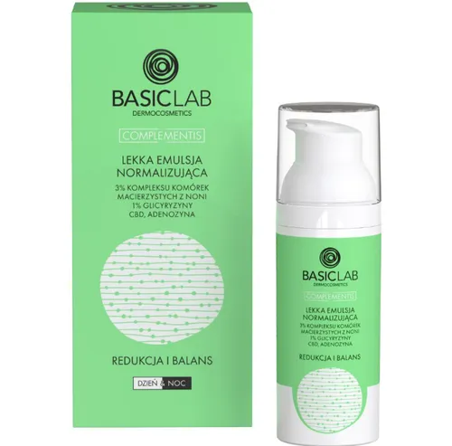 BasicLab Dermocosmetics Lekka emulsja normalizująca z 3% kompleksu komórek macierzystych z noni, 1% glicyryzyny, CBD i adenozyną `Redukcja i balans`