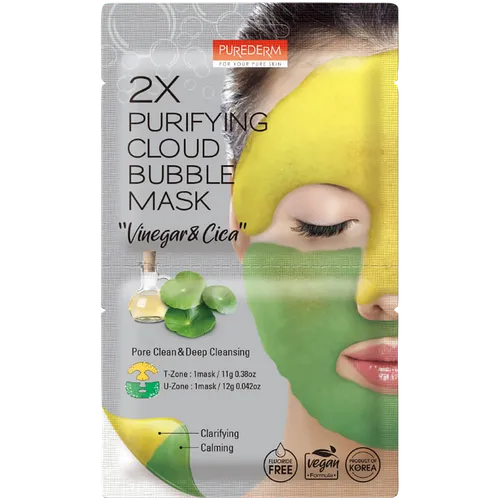 Purederm 2 x Purifying Cloud Bubble Mask Vinegar + Cica (Bąbelkująca maseczka żółto- zielona z octem jabłkowymi wąkrotką azjatycką)