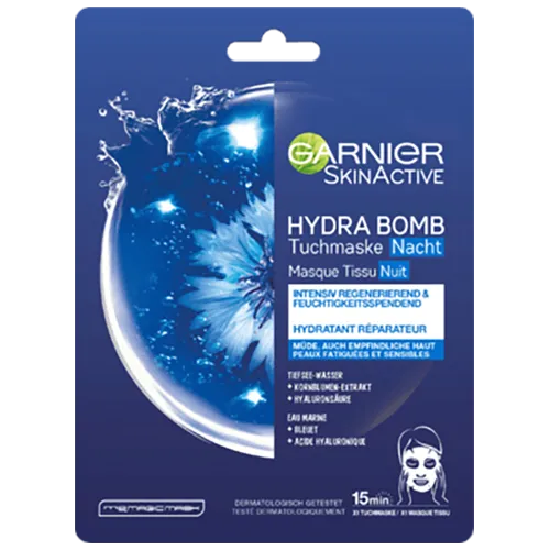 Garnier SkinActive, Hydra Bomb Tuchmaske Nacht (Nawilżająca maska w płachcie na noc z ekstraktem z chabru i kwasem hialuronowym)