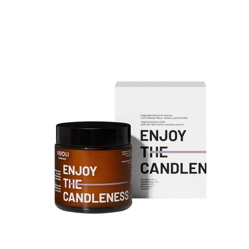 Veoli Botanica Enjoy The Candleness, Wegańska świeca do masażu z 40% masłem Shea i olejem z pestek śliwki