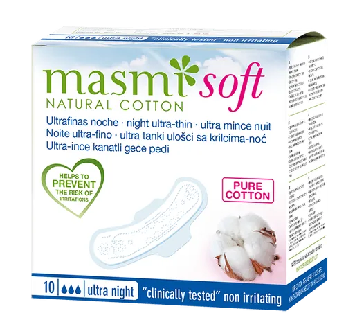 Masmi Natral Cotton Soft, Sanitary Towels Night Ultra-thin (Ultra cienkie bawełniane podpaski ze skrzydełkami na noc)