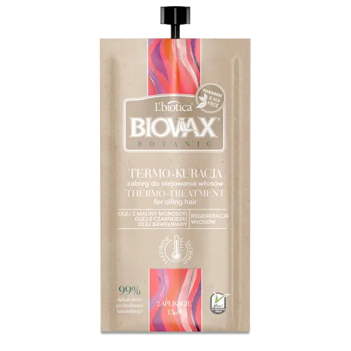 L'biotica Biovax Botanic, Malina moroszka, czarnuszka i bawełna, Termo-kuracja zabieg do olejowania włosów