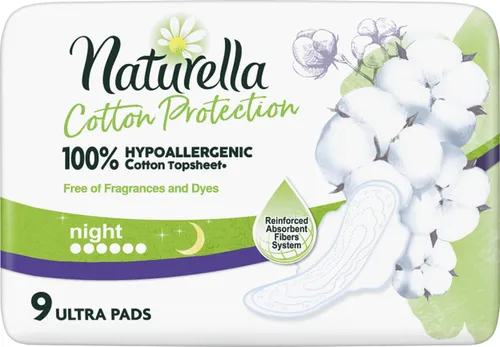 Naturella Cotton Protection Night, Podpaski higieniczne z hipoalergiczną powłoczką z bawełny na noc