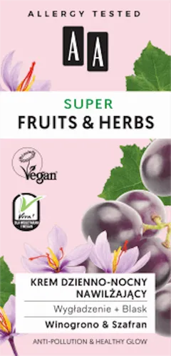 AA Super Fruits & Herbs, Krem dzienno-nocny nawilżający `Wygładzenie i blask`