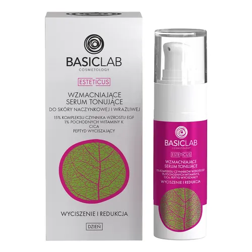 BasicLab Dermocosmetics Esteticus, Wzmacniające serum tonujące do skóry naczynkowej i wrażliwej z 15% kompleksu czynnika wzrostu EGF, 1% pochodnych witaminy K, CICA i peptydem wyciszającym