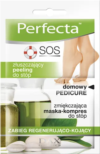 Perfecta SOS Domowy Pedicure, Zabieg regenerująco-kojący Złuszczający peeling  + zmiękczająca maska-kompres do stóp