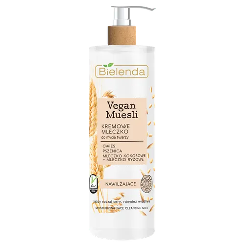 Bielenda Vegan Muesli, Nawilżające kremowe mleczko do mycia twarzy `Owies, pszenica, mleczko kokosowe + mleczko ryżowe`
