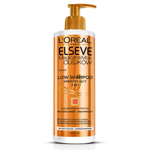 L'Oreal Paris Elseve, Magiczna Moc Olejków, Low Shampoo (Krem myjący 3 w 1 do włosów suchych i uwrażliwionych)