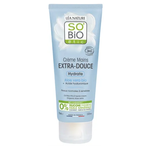 SO'BiO Etic Creme Mains Extra-Douce à l'Aloe Vera Bio (Łagodny nawilżający krem do rąk z aloesem i kwasem hialuronowym)
