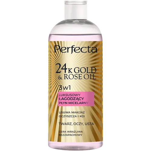 Perfecta 24K Gold & Rose Oil, Luksusowy łagodzący płyn micelarny 3w1