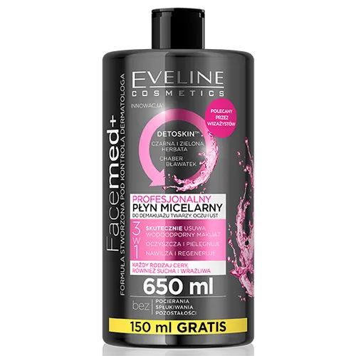Eveline Cosmetics Facemed +, Detoskin, Profesjonalny płyn micelarny do demakijażu twarzy, oczu i ust 3 w 1