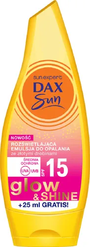 Dax Sun Glow & Shine, Rozświetlająca emulsja do opalania ze złotymi drobinkami SPF 15