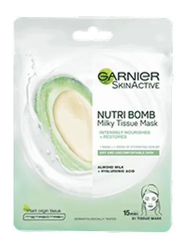 Garnier Nutri Bomb Milky Sheet Mask Almond Milk and Hyaluronic Acid (Maska nawilżająca w płachcie z mlekiem migdałowym i kwasem hialuronowym)