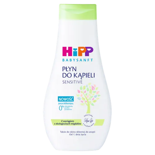 HiPP Babysanft Sensitive, Pielęgnacyjny płyn do kąpieli z dodatkiem ekologicznego oleju ze słodkich migdałów (nowa wersja)