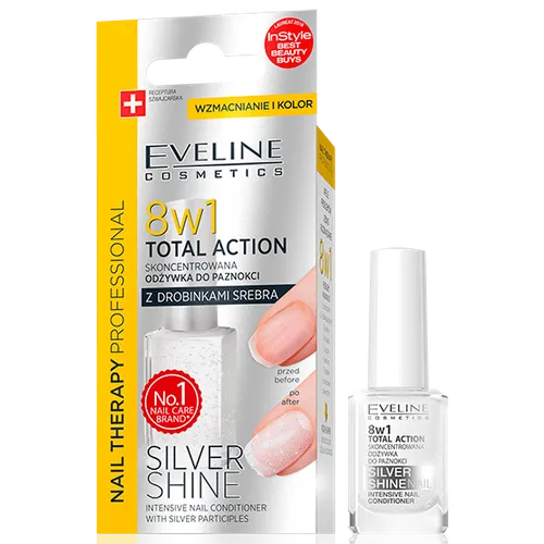 Eveline Cosmetics Nail Therapy Professional, 8 w 1 Total Action, Silver Shine, Skoncentrowana odżywka do paznokci z drobinkami srebra - 1