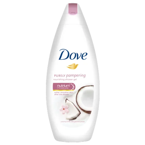 Dove Purely Pampering, Żel pod prysznic z mleczkiem kokosowym i płatkami jaśminu (nowa wersja)