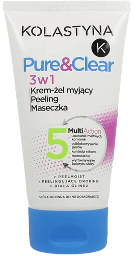Kolastyna Pure & Clear, Krem - żel myjący + peeling + maseczka do twarzy 3w1