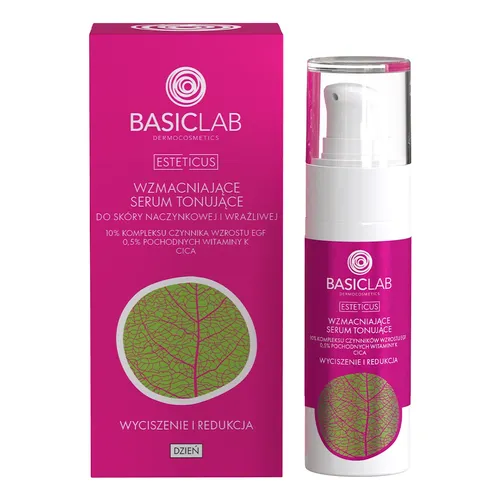 BasicLab Dermocosmetics Esteticus, Wzmacniające serum tonujące do skóry naczynkowej i wrażliwej z 10% kompleksu czynnika wzrostu EGF, 0,5% pochodnych witaminy K i CICA