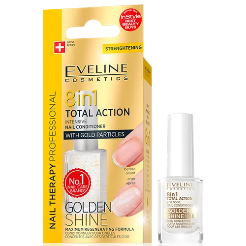 Eveline Cosmetics Nail Therapy Professional, 8 w 1 Total Action, Golden Shine, Skoncentrowana odżywka do paznokci z drobinkami złota - 1