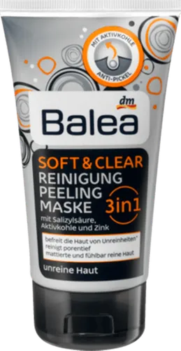 Balea Soft & Clear, Reinigung Peeling Maske  3 in 1 Aktivkohle (Żel do mycia twarzy, peeling i maska 3 w 1 z aktywnym węglem, kwasem salicylowym i cynkiem)