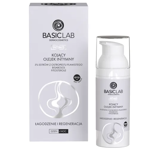 BasicLab Dermocosmetics Intimis, Kojący olejek intymny z 5% estrów z ostropestu plamistego, bisabololem oraz fitosterolami