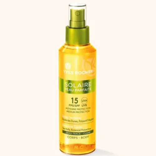 Yves Rocher Solaire Peau Parfaite, Spray Invisible SPF 15 (Bezbarwny spray do opalania ciała z wyciągiem z mikołajka nadmorskiego SPF15)