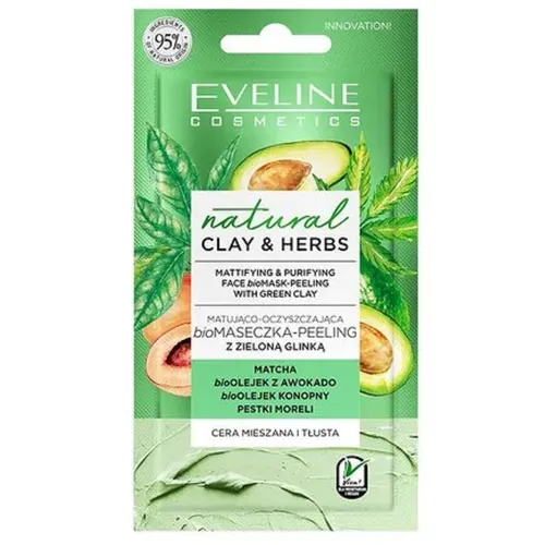 Eveline Cosmetics Natural Clay & Herbs, Matująco-oczyszczajaca biomaseczka-peeling z zieloną glinką