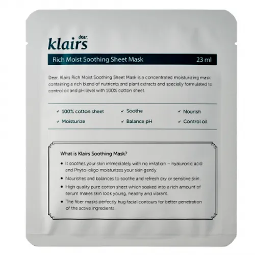 Klairs Rich Moist Soothing Sheet Mask (Instensywnie nawilżająca maseczka w płachcie)