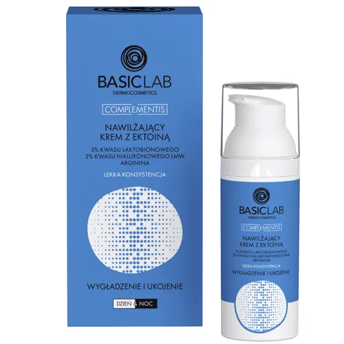BasicLab Dermocosmetics Complementis, Nawilżający krem z ektoiną, 3% kwasu laktobionowego, 2% kwasu hialuronowego LMW i argininą o lekkiej konsystencji