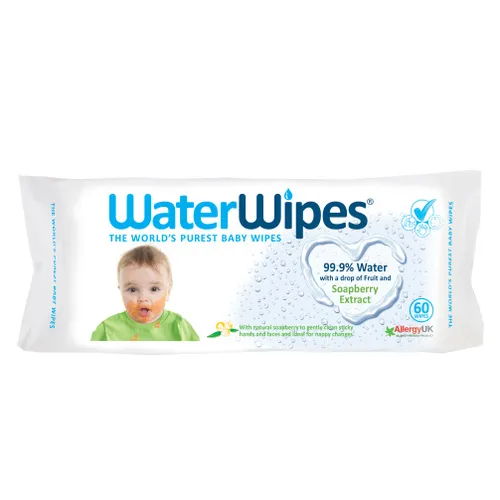 WaterWipes Chusteczki dla dzieci nasączone czystą wodą z dodatkiem ekstraktu z orzechów mydlanych