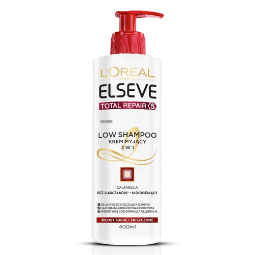 L'Oreal Paris Elseve, Total Repair 5, Low Shampoo (Krem myjący 3 w 1 do  włosów suchych i zniszczonych)