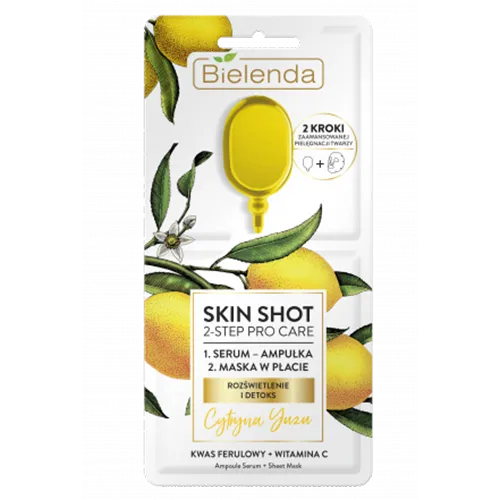 Bielenda Skin Shot 2 Step Pro Care,  Maska w płacie + ampułka `Cytryna Yuzu rozświetlenie i detoks`