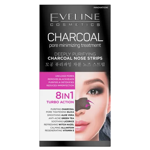 Eveline Cosmetics Charcoal Pore Minimizing Treatment, Charcoal Nose Strips 8 in 1 (Węglowy zabieg odblokowujący pory 8 w 1)